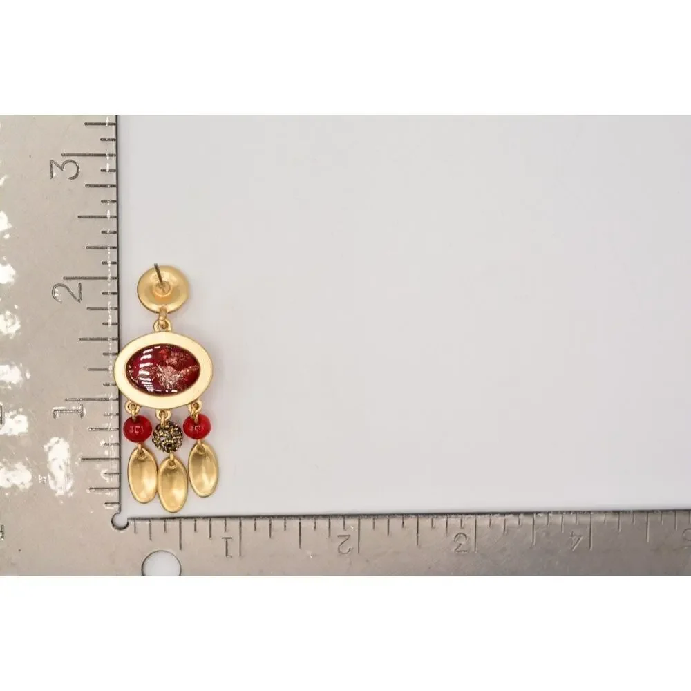 Statement Cabochon Dangle Earrings Red Lucite Brushed Gold Black Rhinestone 9L